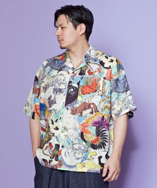 🎨 Wild Harmony – Open-Collar Shirt with Collaged Ukiyo-e Creatures🎨Animal
