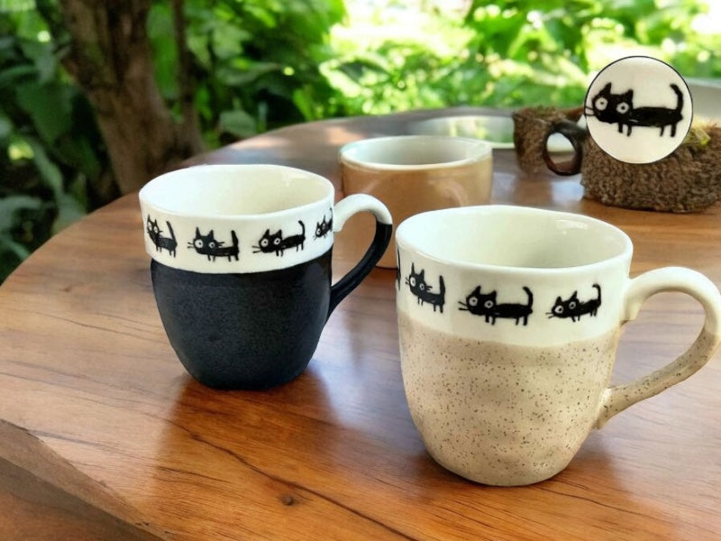 Beige😺 Paws & Relax: Playful Black Cat Artisan Mug 😺