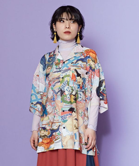 🎨 Wild Harmony – Open-Collar Shirt with Collaged Ukiyo-e Creatures🎨Gods and Buddhas