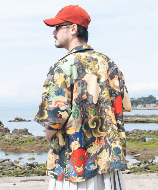 🎨 Wild Harmony – Open-Collar Shirt with Collaged Ukiyo-e Creatures🎨Ghost