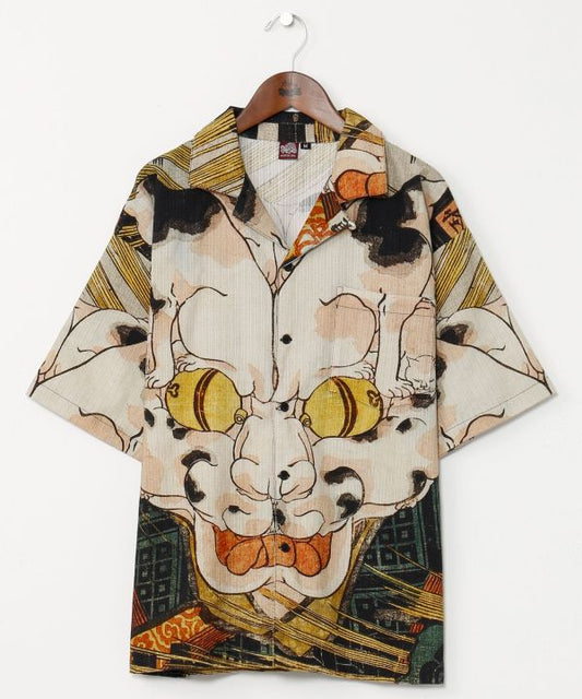 Medium👘Ukiyo-e Inspired Japanese Aloha Shirt🌸Gr Bakeneko