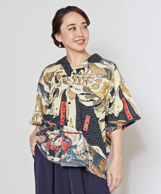 Medium👘Ukiyo-e Inspired Japanese Aloha Shirt🌸BK SKULL