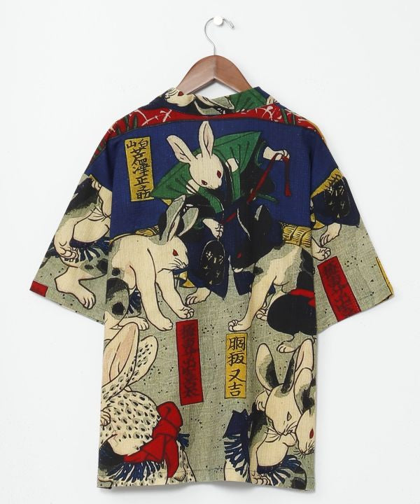 Medium👘Ukiyo-e Inspired Japanese Aloha Shirt🌸Bl Rabbit