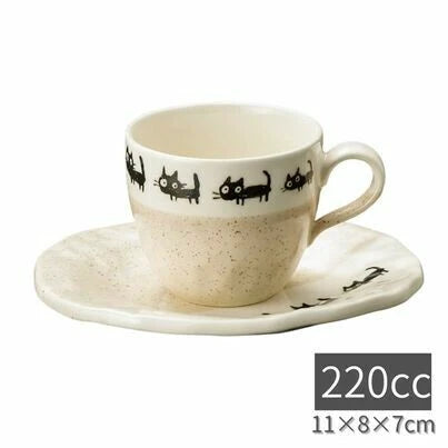☕Black Cat Cup & Saucer Set – Beige Edition 🍪 220cc