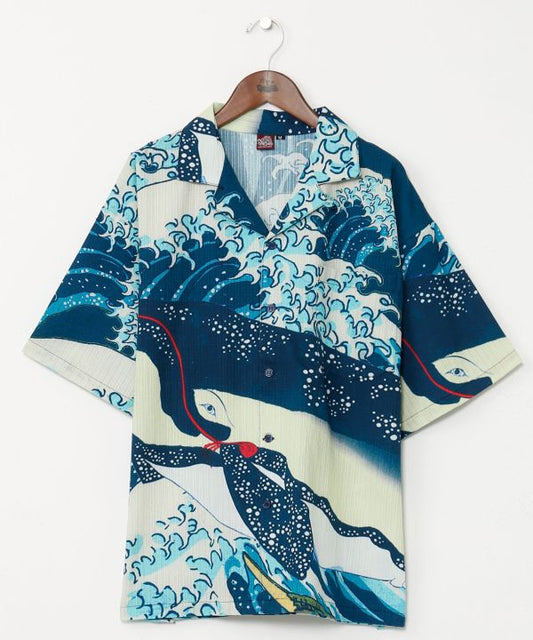 Medium👘Ukiyo-e Inspired Japanese Aloha Shirt🌸Nv Whale