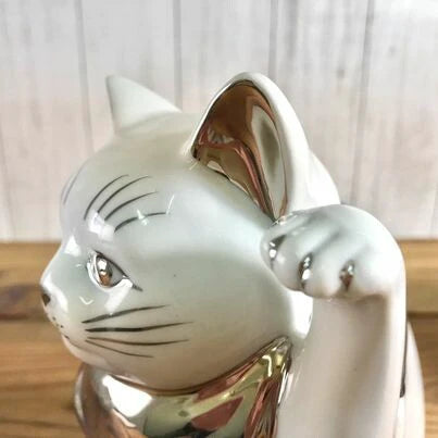 🐱💫 Lucky Seto Ware Maneki Neko 💫🐱Edo cat 4" platinum left Paw Raised 13cm