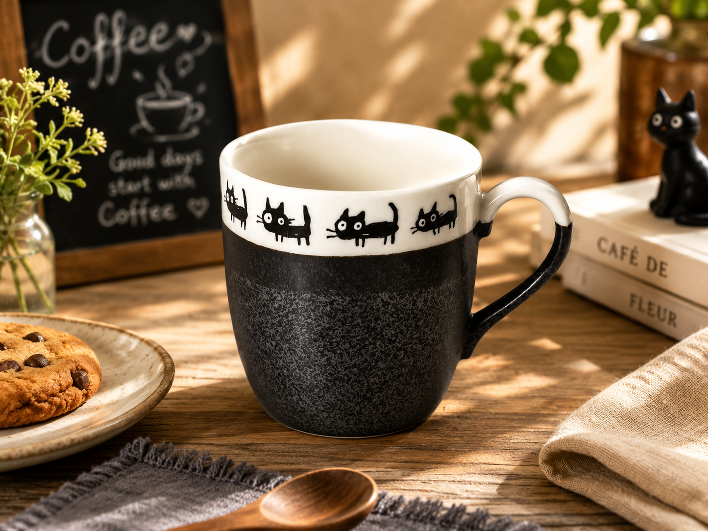 Black😺 Paws & Relax: Playful Black Cat Artisan Mug 😺
