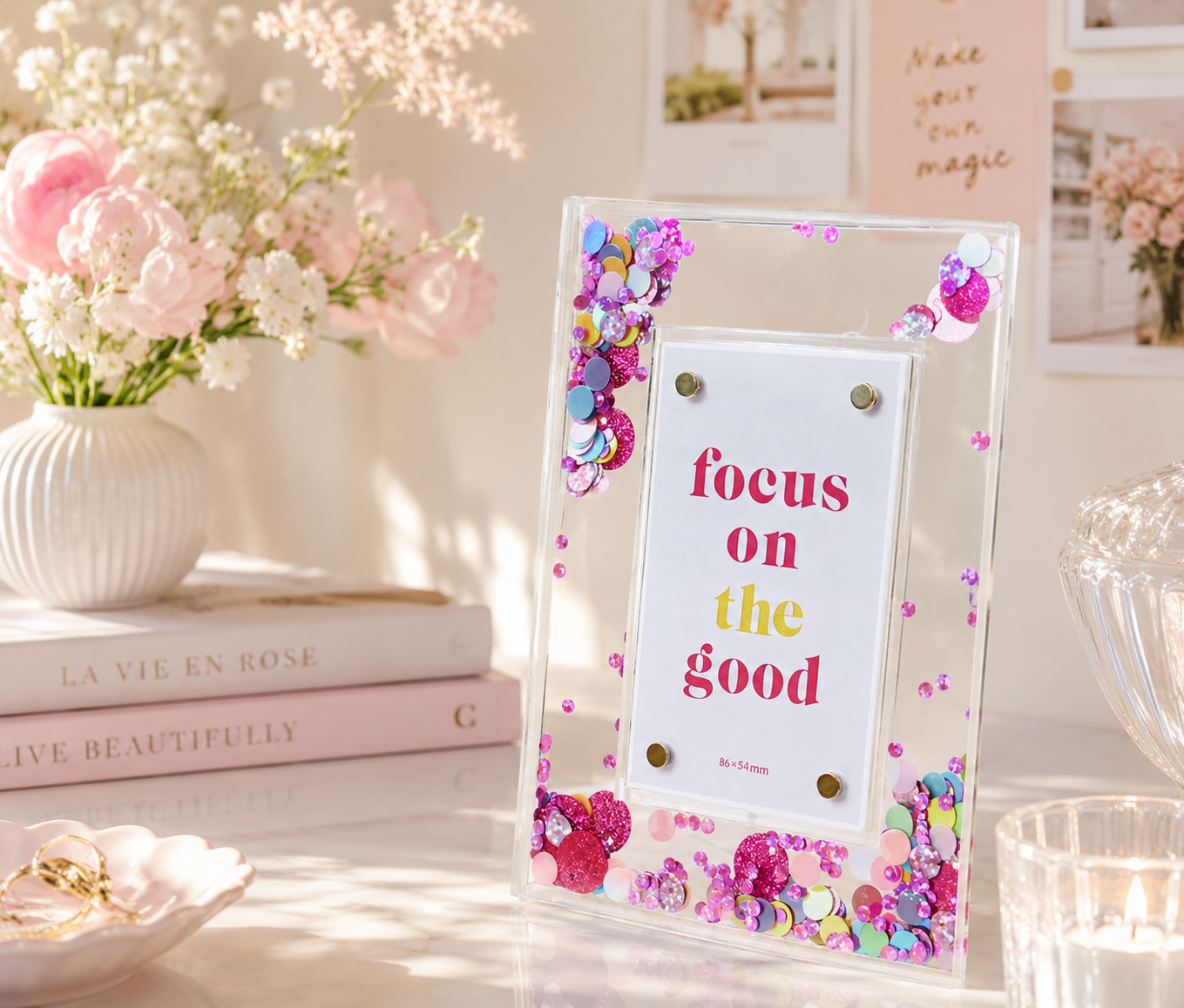 📸✨ Glitter Acrylic Photo Frame – Easy Change Back Stand Kawaii