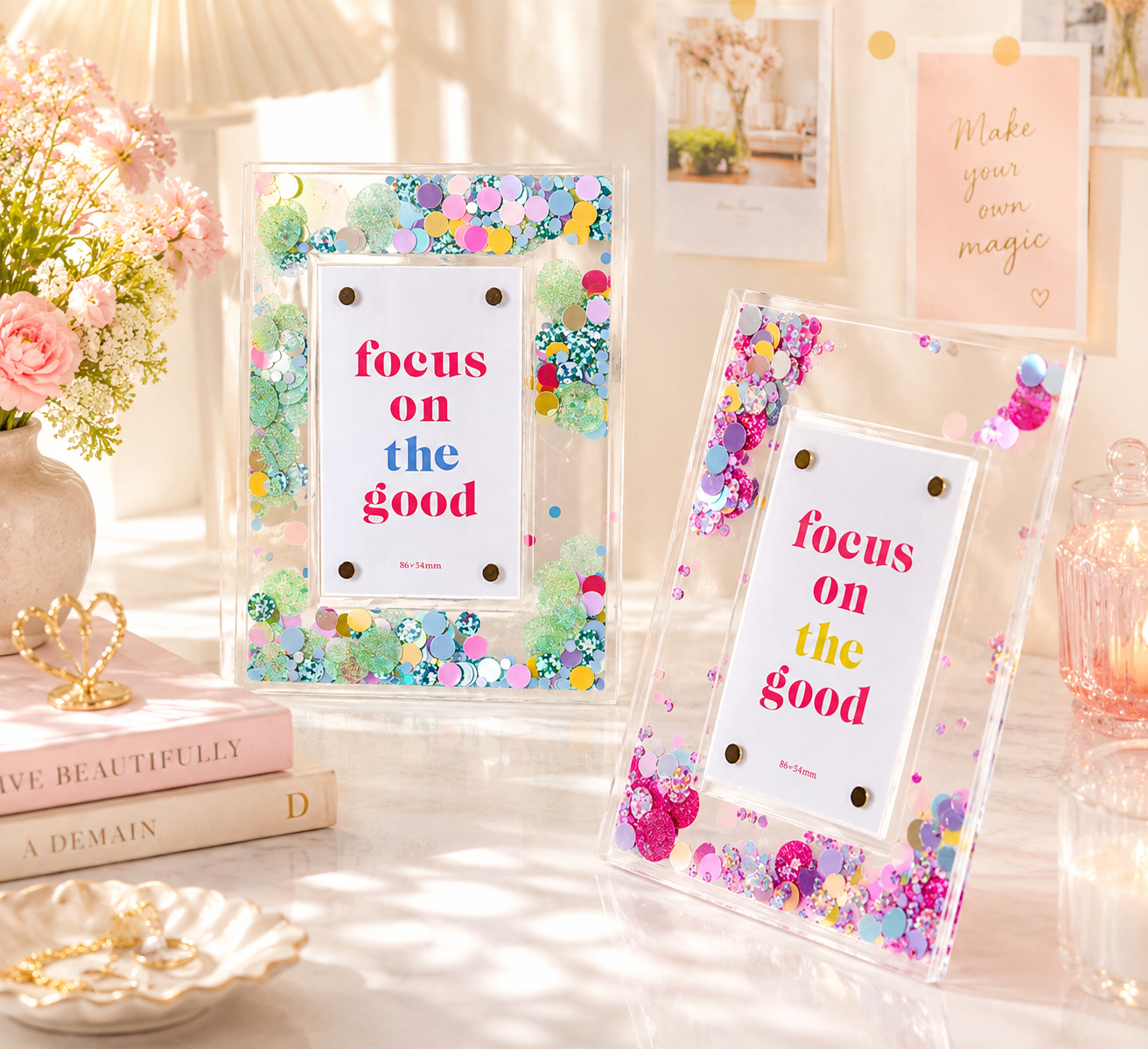 📸✨ Glitter Acrylic Photo Frame – Easy Change Back Stand Kawaii