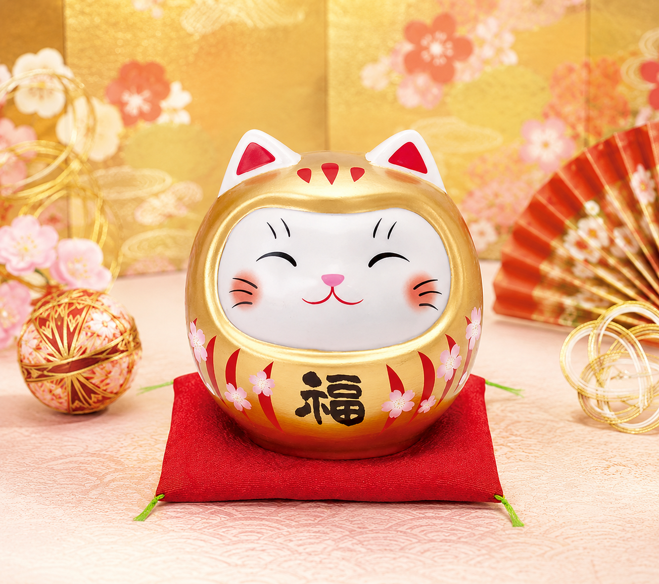 🐱🌟 Daruma Cat Coin Bank – A Touch of Fortune for Your Home! 💴🍒Medium size  Gold