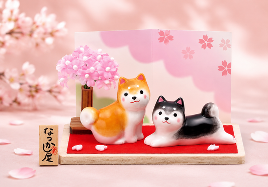🌸🐕 Adorable Shiba Inu Figurine Set with Cherry Blossom Background 🎍✨