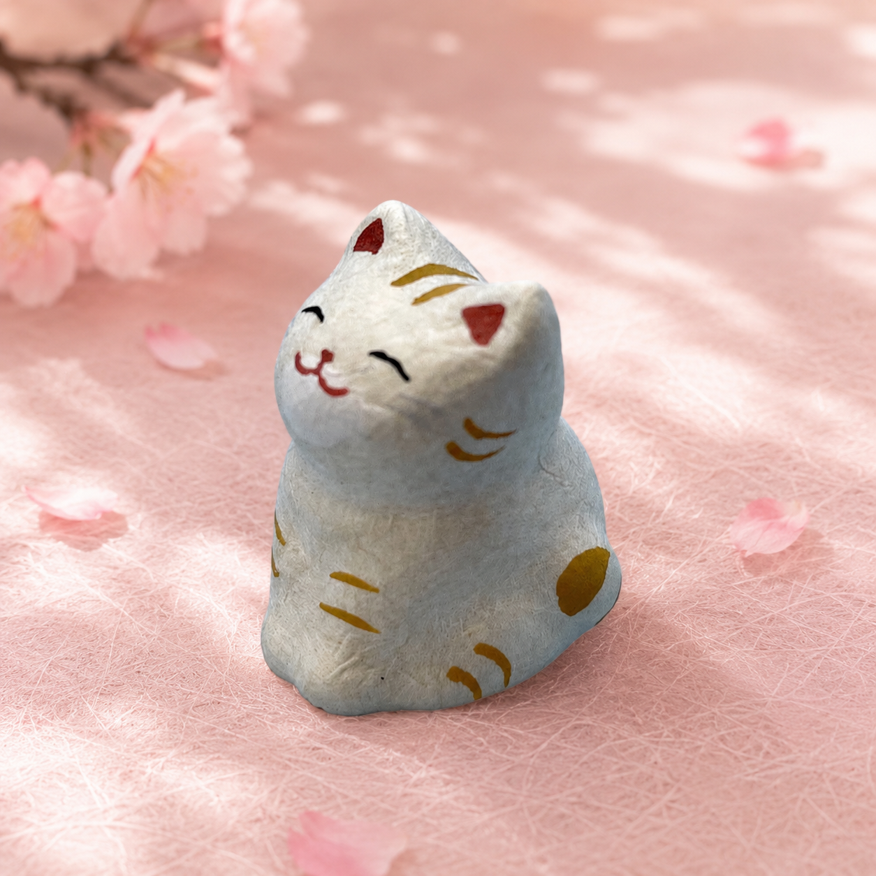 Torn Japanese Paper, Lucky Cat in Tabby for Wealth