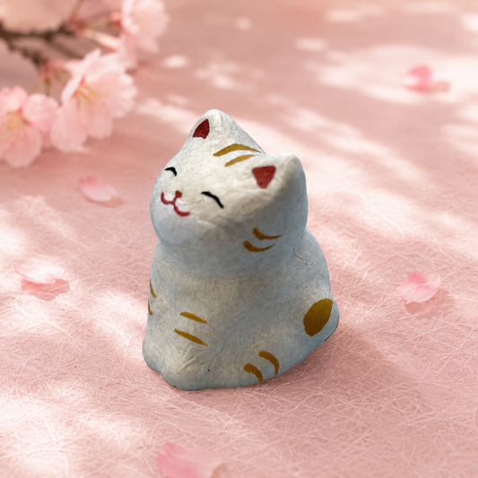 Torn Japanese Paper, Lucky Cat in Tabby for Wealth