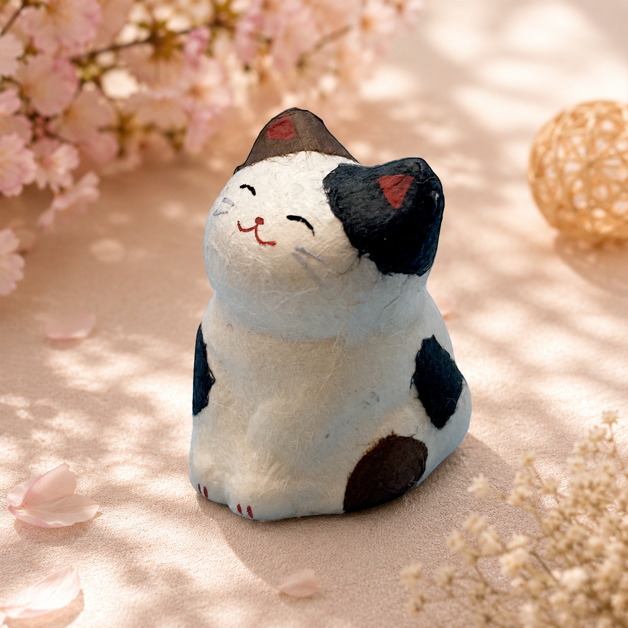 Torn Japanese Paper, Lucky Cat in Calico for Wealth