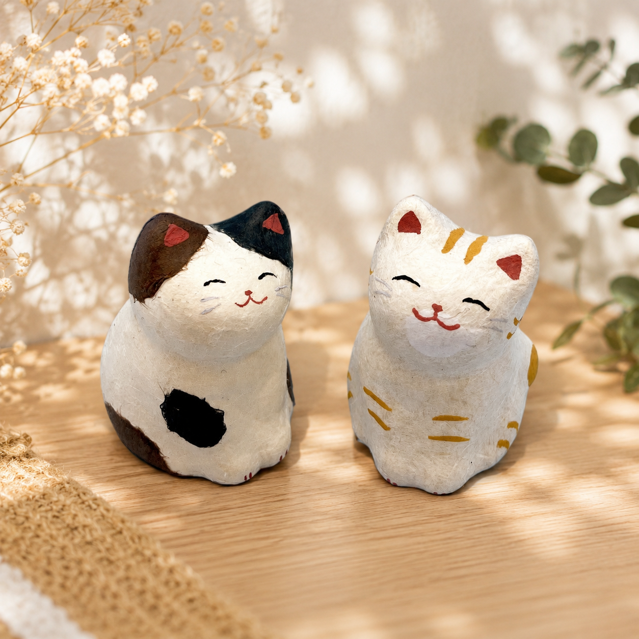 Torn Japanese Paper, Lucky Cat in Calico for Wealth