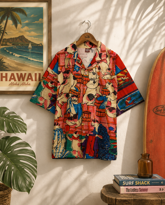 Medium👘Ukiyo-e Inspired Japanese Aloha Shirt🌸Pink Cat Bath