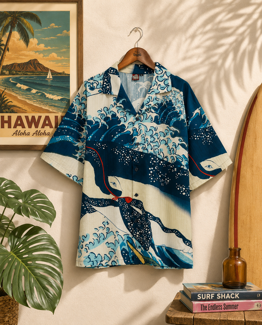 Medium👘Ukiyo-e Inspired Japanese Aloha Shirt🌸Nv Whale