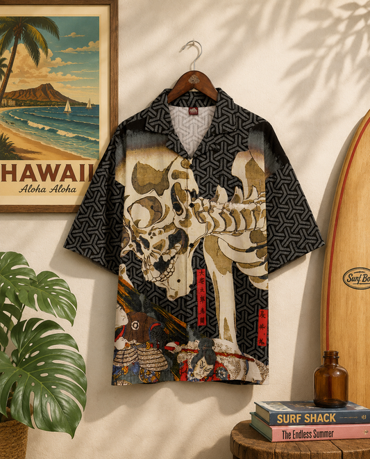 Medium👘Ukiyo-e Inspired Japanese Aloha Shirt🌸BK SKULL