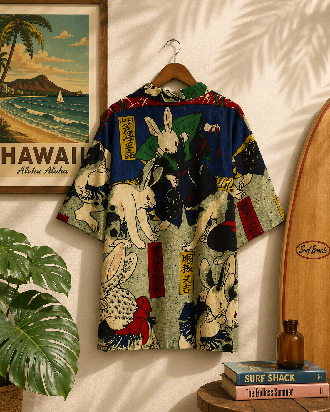 Medium👘Ukiyo-e Inspired Japanese Aloha Shirt🌸Bl Rabbit