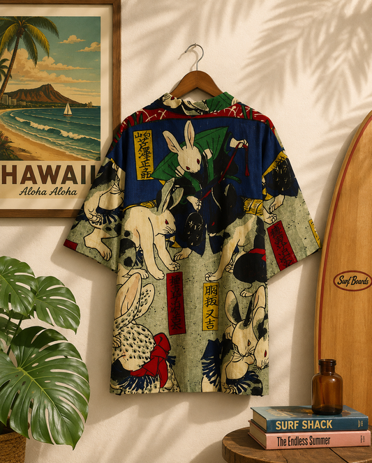Medium👘Ukiyo-e Inspired Japanese Aloha Shirt🌸Bl Rabbit