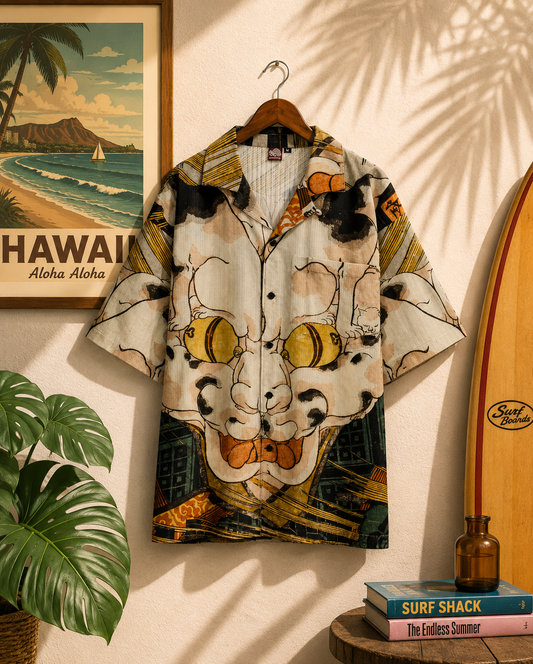 Medium👘Ukiyo-e Inspired Japanese Aloha Shirt🌸Gr Bakeneko