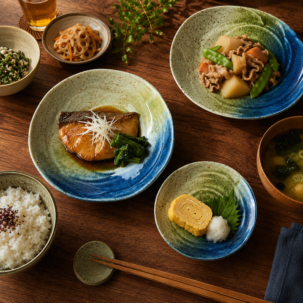 🍃🌊✨ Mino Ware Three-Glaze Bowl Plate – Made in Japan - Green Blue
