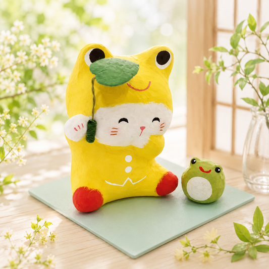 🐱🐸 Summer Baby Lucky Cat Ornament – Handmade Washi Decor ✨