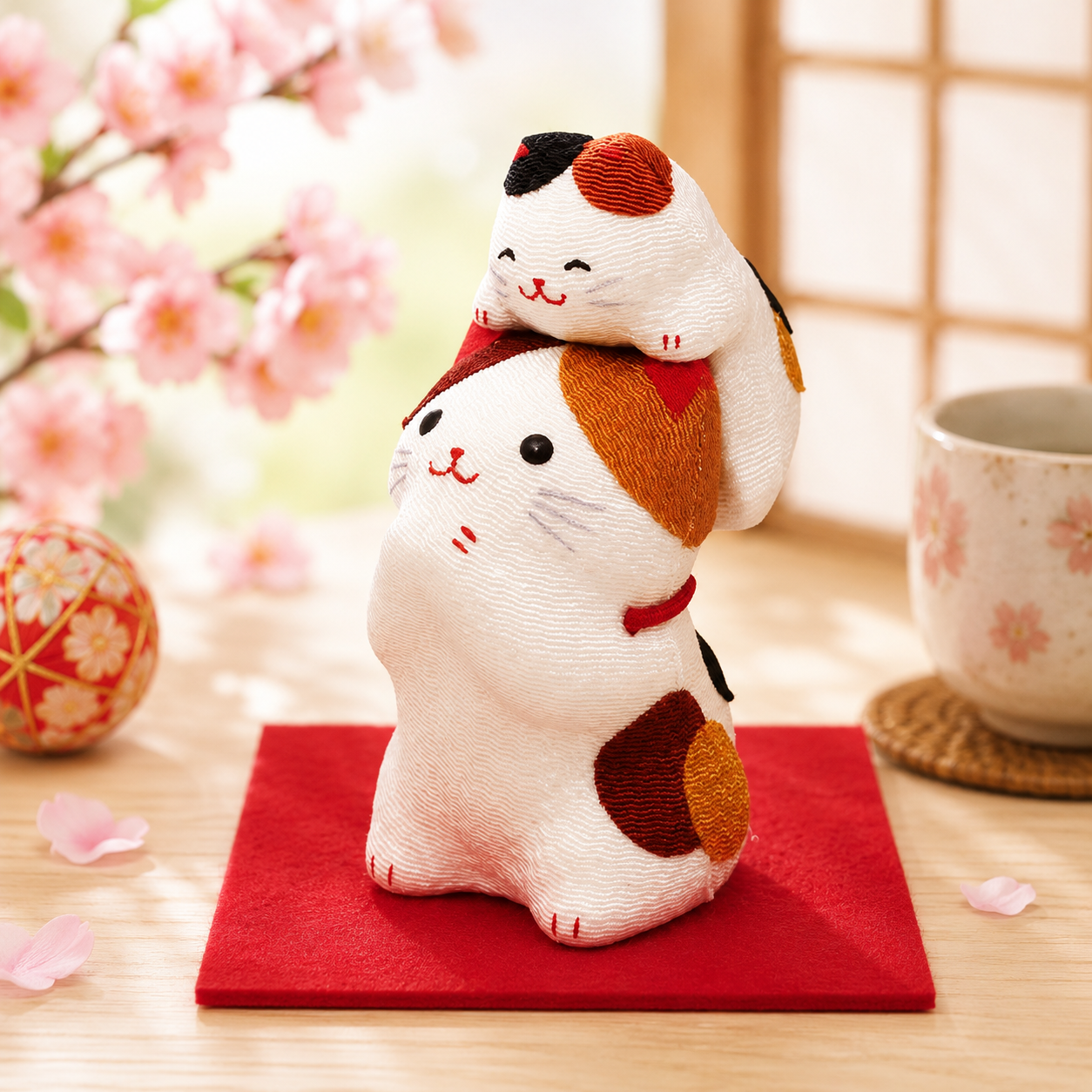 🐱 Lucky Chirimen Cat Ornament with Kitten ✨