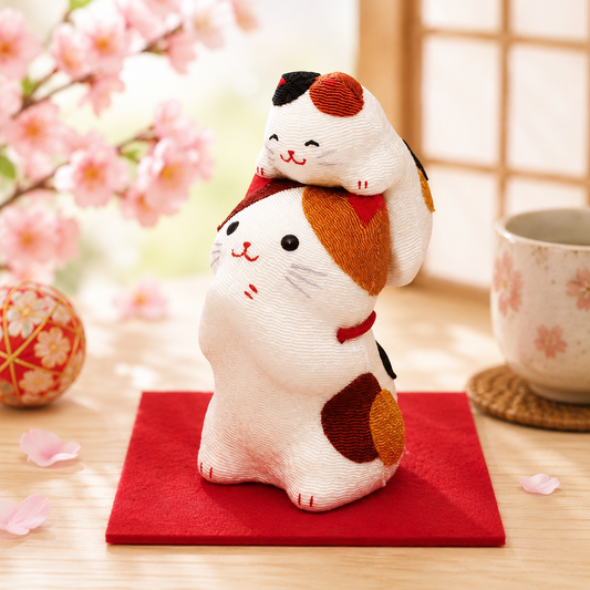 🐱 Lucky Chirimen Cat Ornament with Kitten ✨