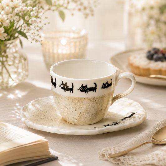 ☕Black Cat Cup & Saucer Set – Beige Edition 🍪 220cc