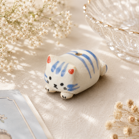 🐱🌿🕯️ Cute Cat Incense Holder Blue – Handmade in Japan
