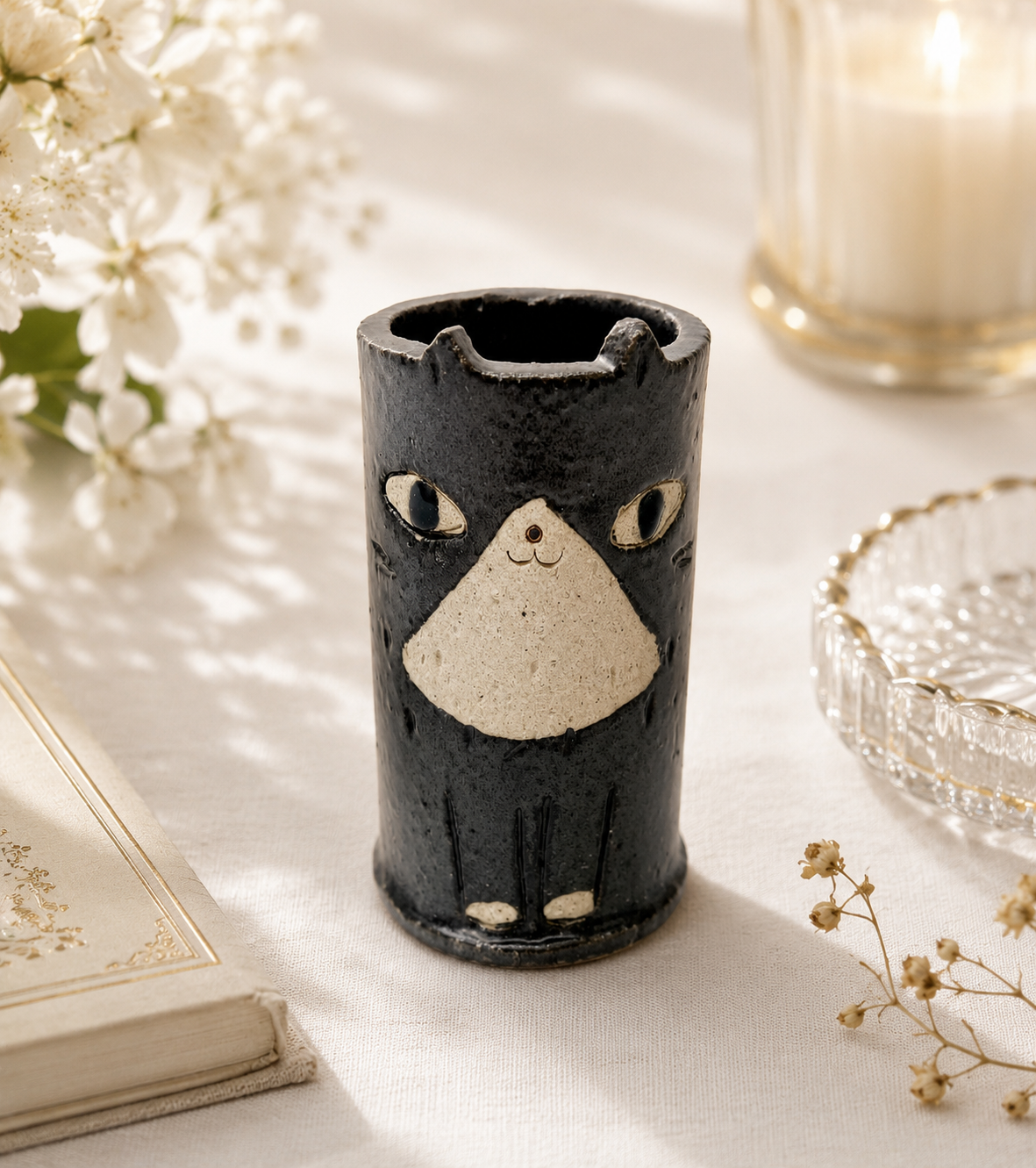 🐈‍⬛🌸 Handcrafted Japanese Black Cat Vase Large – A Blend of Art & Function 🇯🇵