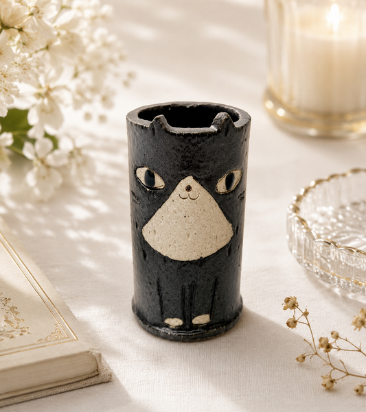 🐈‍⬛🌸 Handcrafted Japanese Black Cat Vase Large – A Blend of Art & Function 🇯🇵