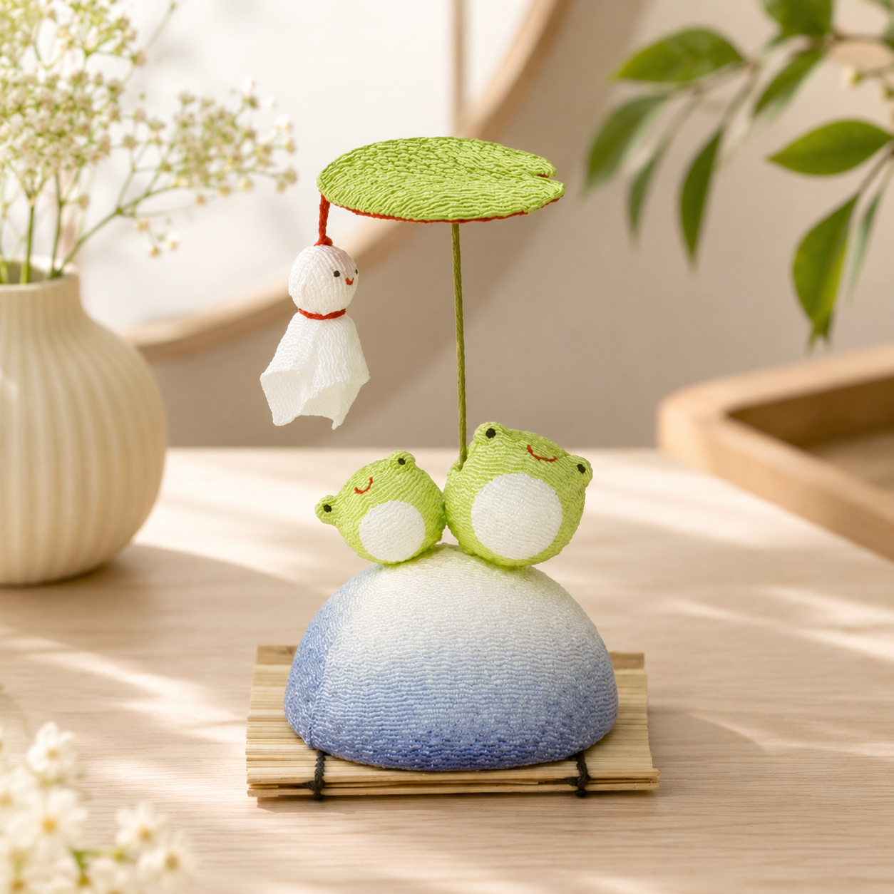🐸☔🌿✨ Frogs Under a Lotus Leaf – Handmade Japanese Chirimen