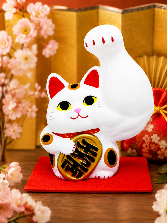 🌟Left paw raised💪 White Macho Maneki-neko: Boost Your Fortune! 💰🐱