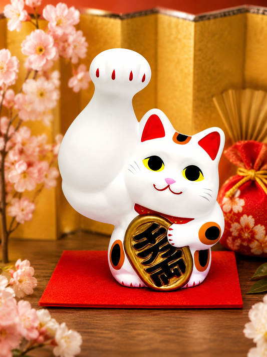 🌟Right paw raised💪 White Macho Maneki-neko: Boost Your Fortune! 💰🐱