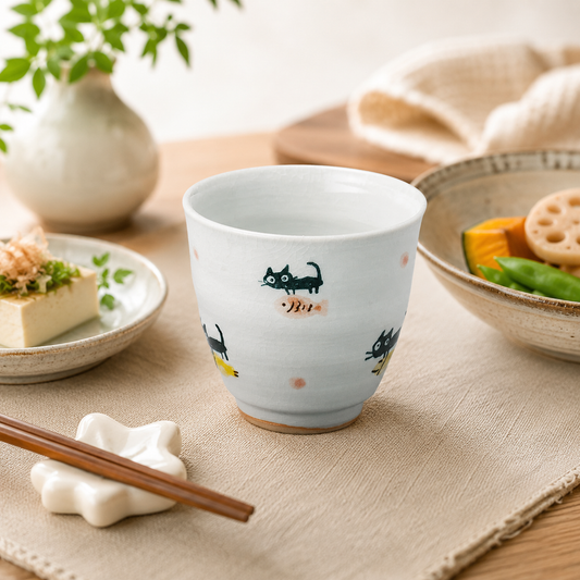 🐈⬛ Black Cat Yunomi Tea Cup – Pink 🍵✨ 200cc Yunomi Made in Japan