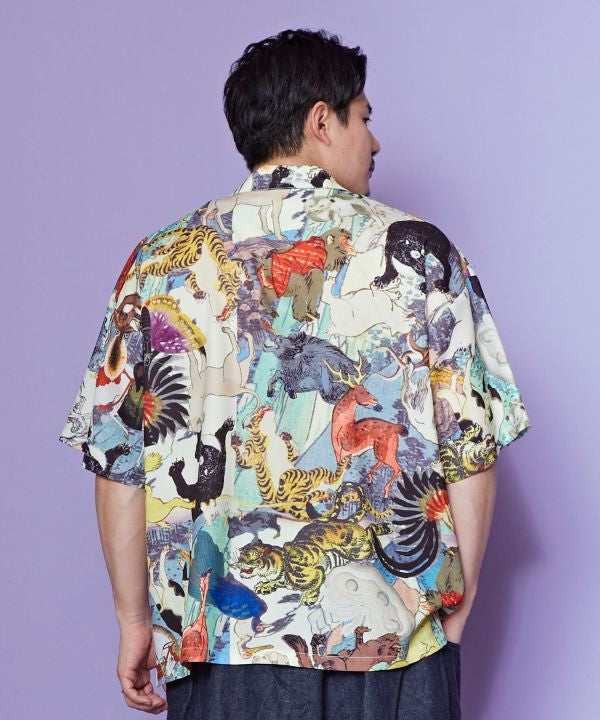 🎨 Wild Harmony – Open-Collar Shirt with Collaged Ukiyo-e Creatures🎨Animal