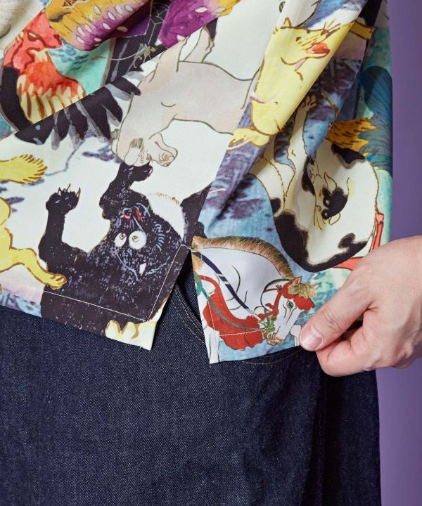 🎨 Wild Harmony – Open-Collar Shirt with Collaged Ukiyo-e Creatures🎨Animal