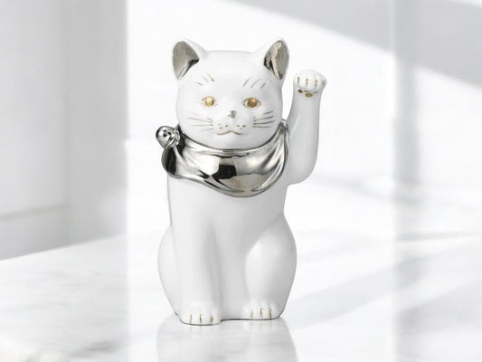 🐱💫 Lucky Seto Ware Maneki Neko 💫🐱Edo cat 4" platinum left Paw Raised 13cm