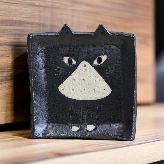 Handcrafted Whimsical Black Cat Square Dish