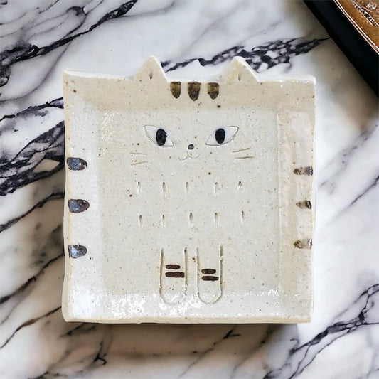 Handcrafted Whimsical White Cat Square Dish