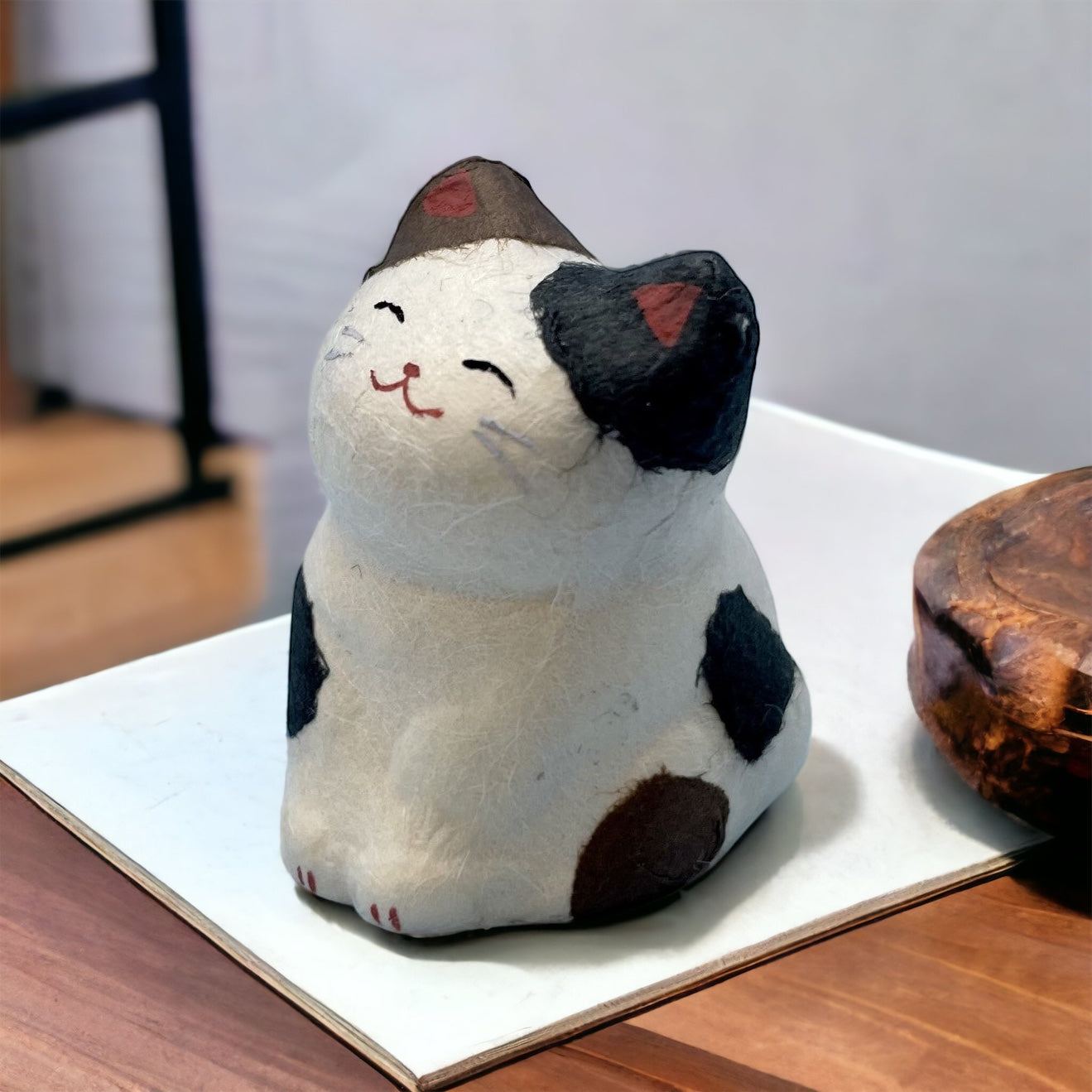 Torn Japanese Paper, Lucky Cat in Calico for Wealth