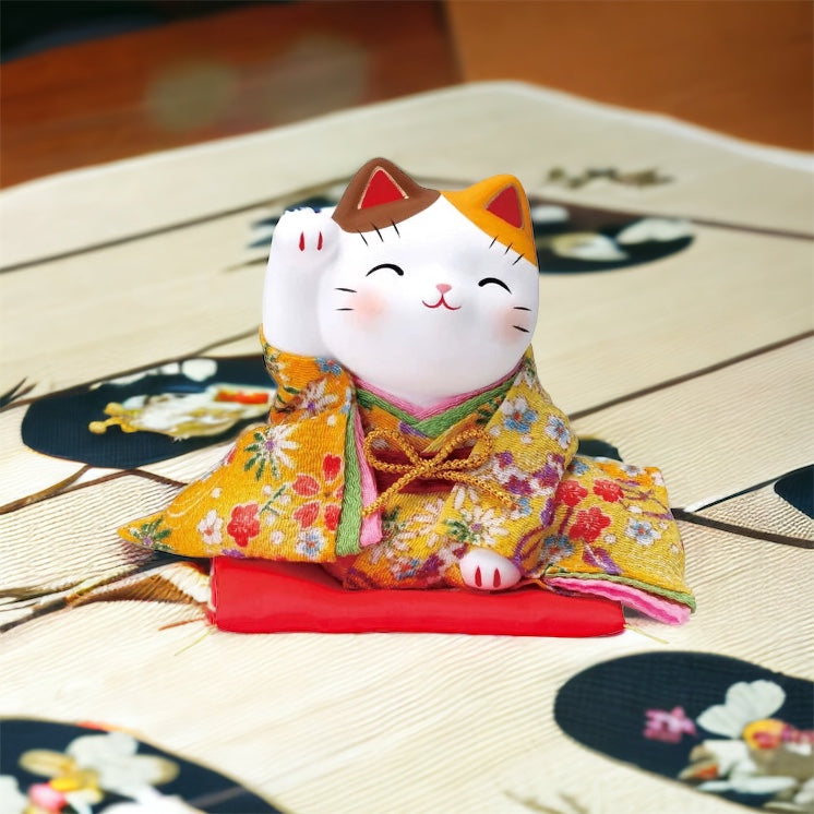 Kimono-Clad Beckoning Cat (Right Paw Raised) Large Yellow: The Charm of Handcrafted Tradition