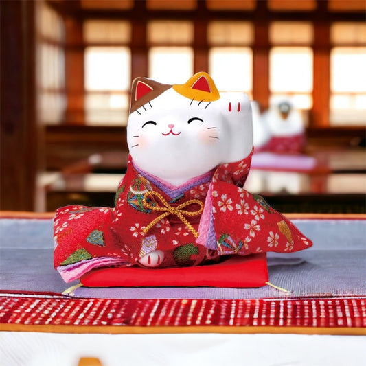 Kimono-Clad Beckoning Cat (Left Paw Raised) Large Red: The Charm of Handcrafted Tradition