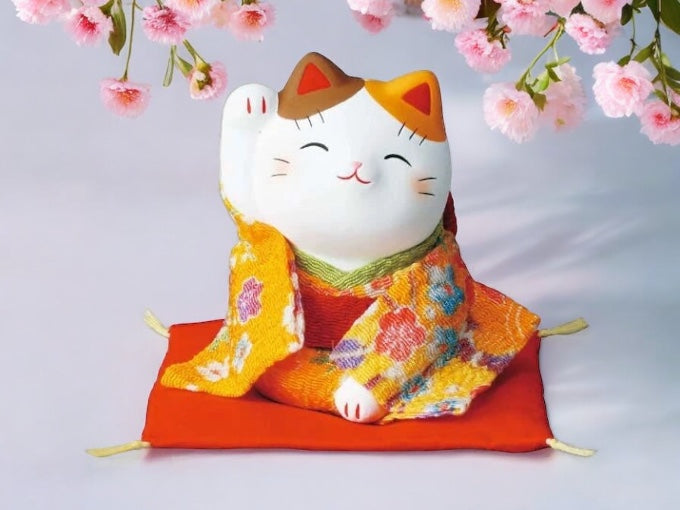 Kimono-Clad Beckoning Cat (Right Paw Raised) Small Yellow: The Charm of Handcrafted Tradition