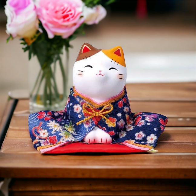 Kimono-Clad Beckoning Cat (bowing) Large Navy: The Charm of Handcrafted Tradition