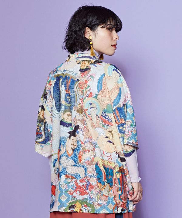 🎨 Wild Harmony – Open-Collar Shirt with Collaged Ukiyo-e Creatures🎨Gods and Buddhas