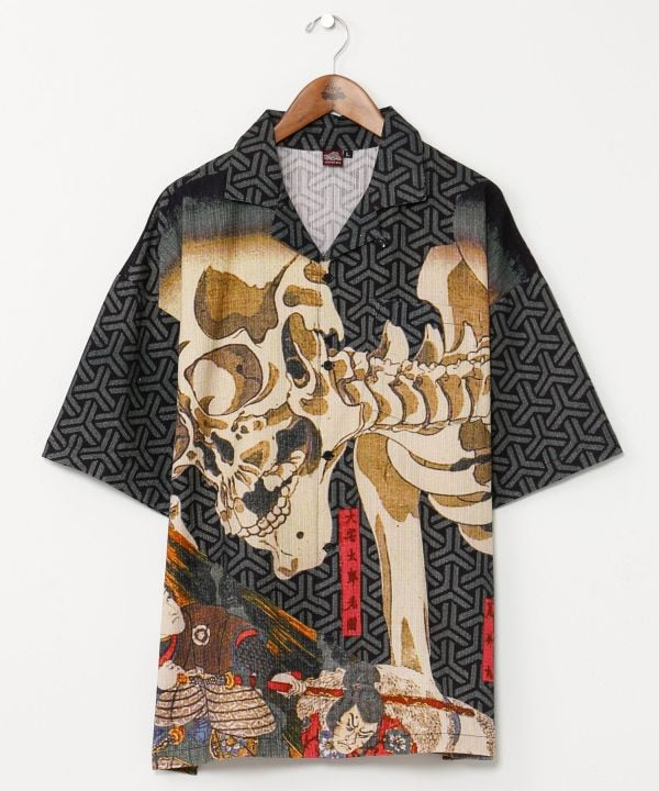 Medium👘Ukiyo-e Inspired Japanese Aloha Shirt🌸BK SKULL