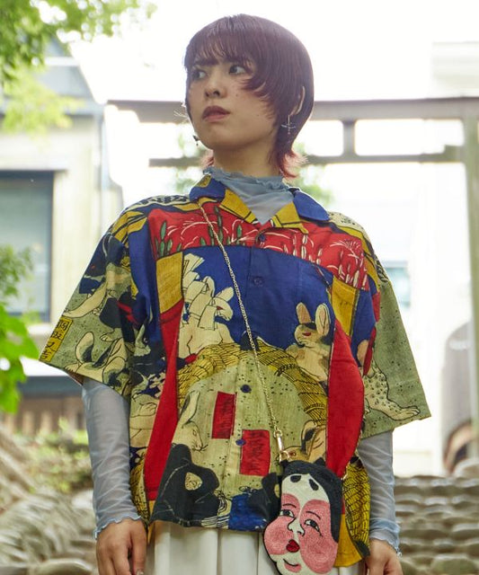 Medium👘Ukiyo-e Inspired Japanese Aloha Shirt🌸Bl Rabbit